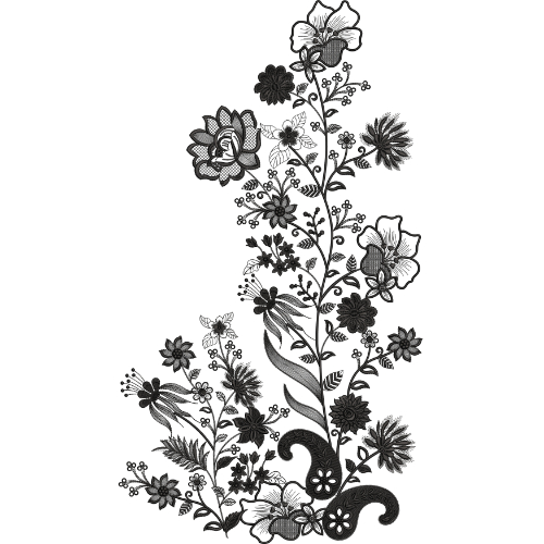 Monochrome Floral Embroidered Corner Motif with Botanical Detailing