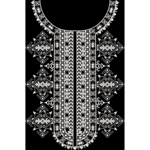 Monochrome Geometric Embroidery Style Neckline Textile Print on Black Background