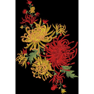 Vibrant Chrysanthemum Floral Embroidery Style Textile Print on Black Background