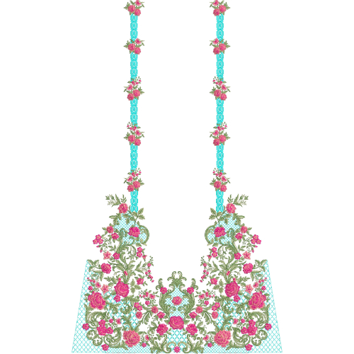 Floral Embroidery Style Neckline Panel Textile Print with Pink Roses and Blue Accents