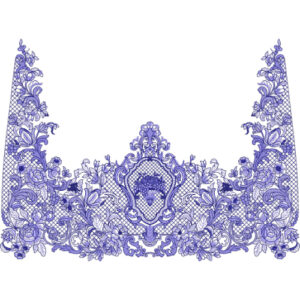 Ornate Blue Floral and Scrollwork Embroidery Style Neckline Textile Print Design