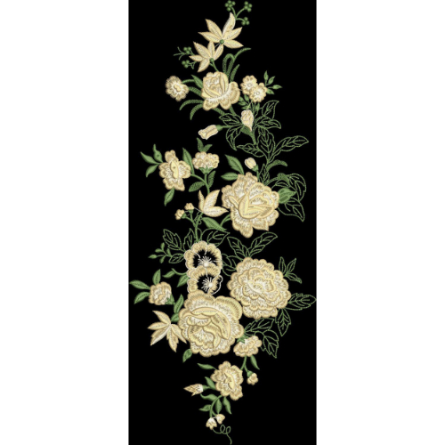 Ivory Floral Embroidery Style Vertical Textile Print on Black Background
