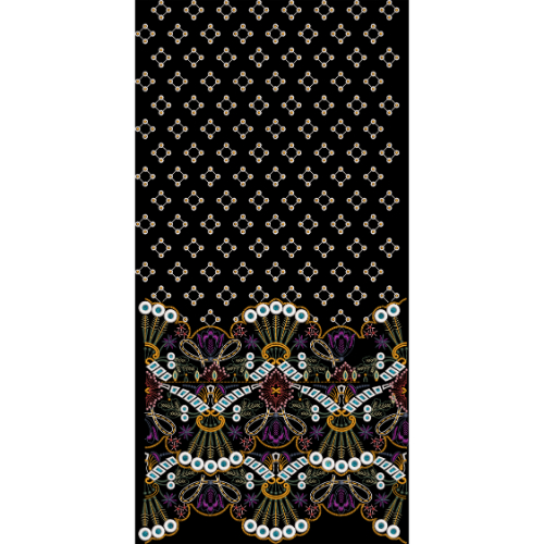 Geometric Mini Motif and Ornamental Floral Border Textile Print on Black Background