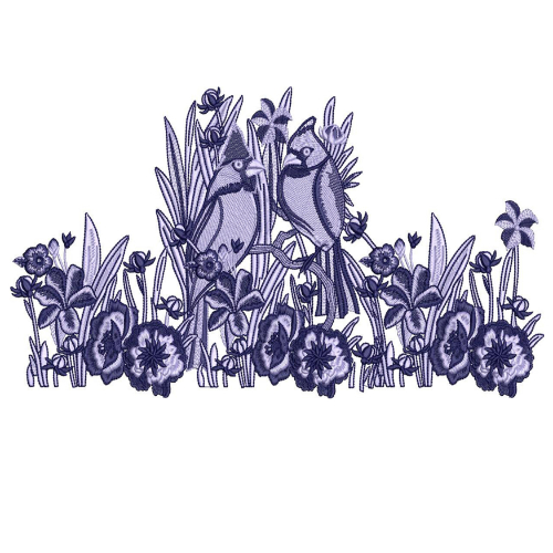 Blue Bird and Floral Garden Embroidery Style Border Textile Print