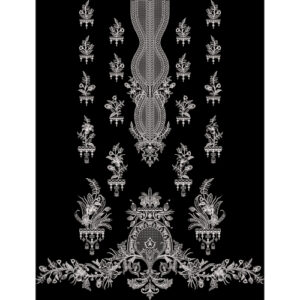 Monochrome Ornamental Floral Embroidery Style Garment Panel Textile Print on Black Background