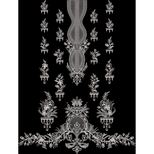 Monochrome Ornamental Floral Embroidery Style Garment Panel Textile Print on Black Background