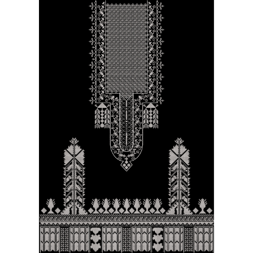 Monochrome Geometric Embroidery Style Neckline and Border Textile Print on Black Background