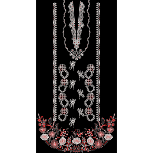 Elegant Floral and Geometric Embroidery Style Garment Panel Textile Print on Black Background