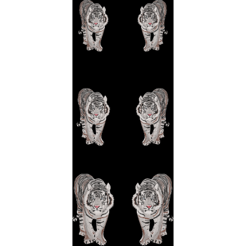 White Tiger Embroidery Style Repeating Motif Textile Print on Black Background