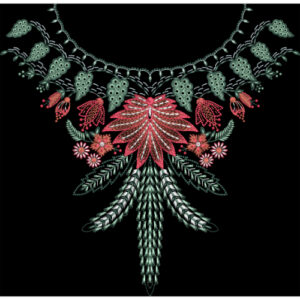 Floral and Leaf Embroidery Style Neckline Textile Print on Black Background