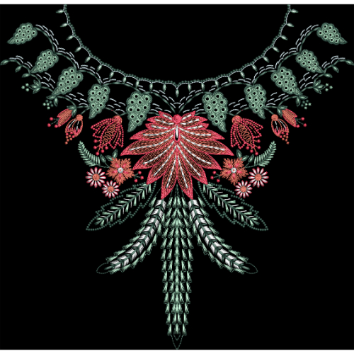 Floral and Leaf Embroidery Style Neckline Textile Print on Black Background