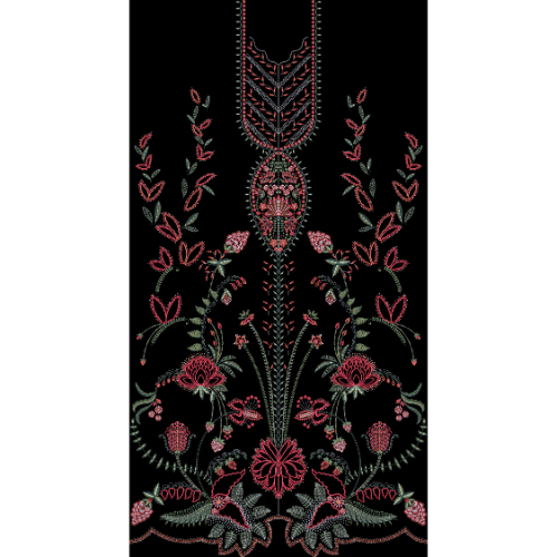 Red and Green Floral Embroidery Style Neckline Garment Panel Textile Print on Black Background