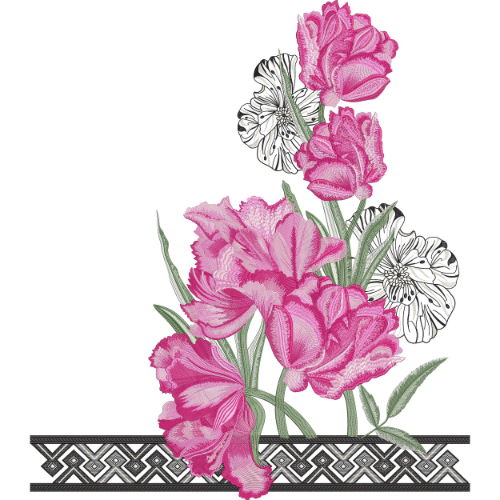 Pink Tulip Floral Embroidery Style Border Textile Print on Light Background