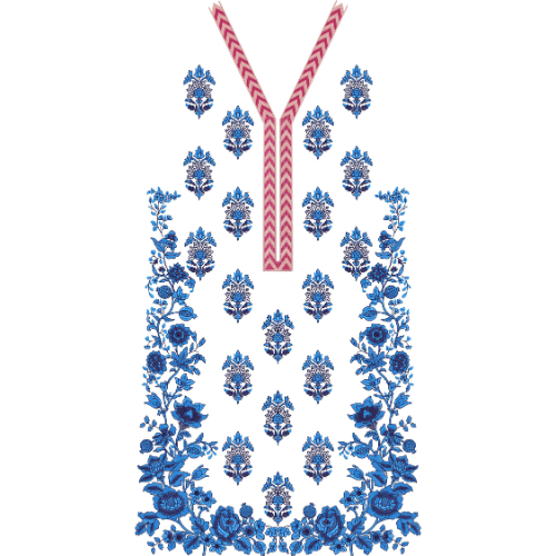 Blue Floral Embroidery Style Y-Neck Garment Panel Textile Print on Light Background