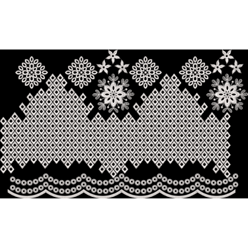 White Geometric and Floral Embroidery Style Border Textile Print on Black Background