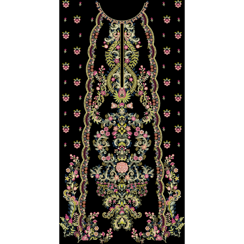 Luxury Multicolor Ornamental Embroidery Style Neckline Garment Panel Textile Print on Black Background - Image 2