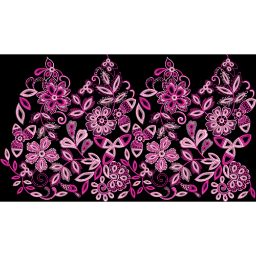 Pink Floral Embroidery Style Ornamental Border Textile Print on Black Background