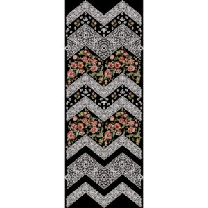 Geometric Chevron and Floral Embroidery Style Vertical Textile Panel Print on Black Background
