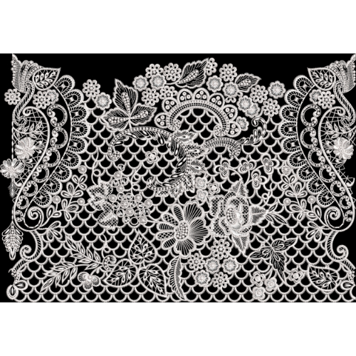 White Lace Floral Embroidery Style Ornamental Border Textile Print on Black Background
