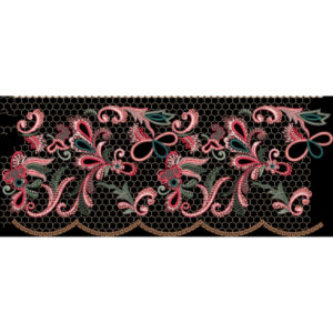 Pink Paisley Floral Embroidery Style Lace Border Textile Print on Black Background