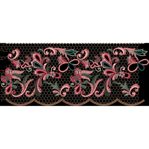 Pink Paisley Floral Embroidery Style Lace Border Textile Print on Black Background