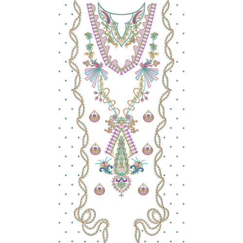Luxury Ornamental Neckline Embroidery Design with Pastel Florals and Jewelry-Inspired Motifs