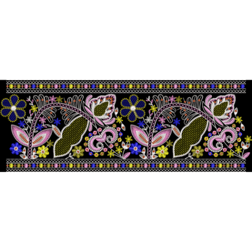 Colorful Floral Embroidered Border Design on Black Background for Textile Prints