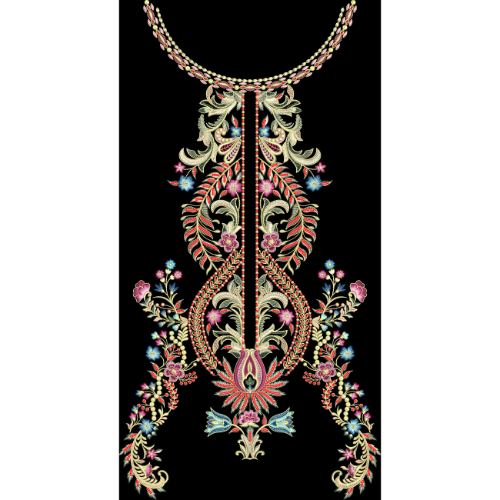 Luxury Ornamental Floral Necklace Style Front Panel Design on Black Background for Textile Prints