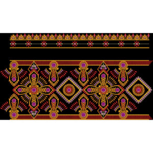 Traditional Geometric Floral Embroidered Border Design on Black Background for Textile Prints