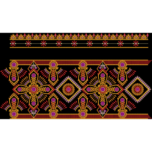 Traditional Geometric Floral Embroidered Border Design on Black Background for Textile Prints