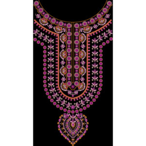 Luxury Ornamental Neckline Front Panel Design in Pink and Gold on Black Background for Textile Prints