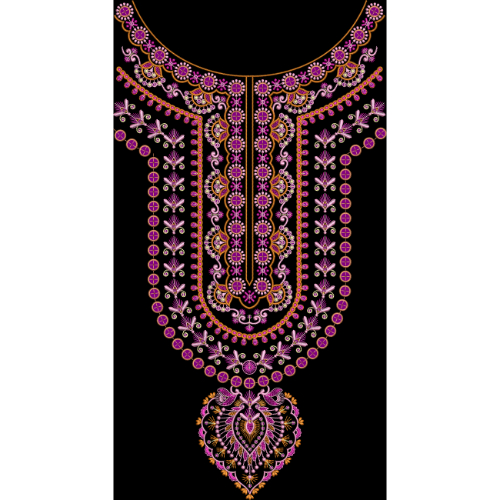Luxury Ornamental Neckline Front Panel Design in Pink and Gold on Black Background for Textile Prints