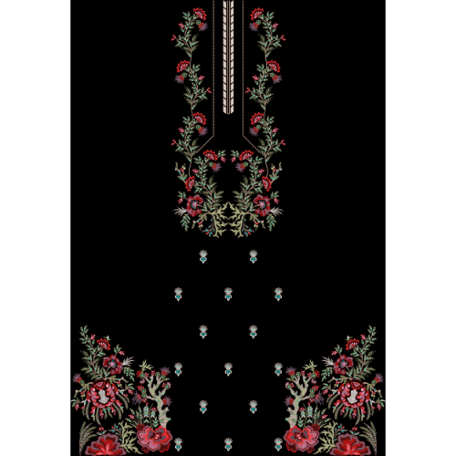 Elegant Floral Embroidered Front Panel Design in Red and Green on Black Background for Textile Prints