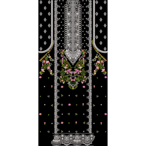 Luxury Embroidered Neckline Front Panel Design with Floral Accents on Black Background for Textile Prints