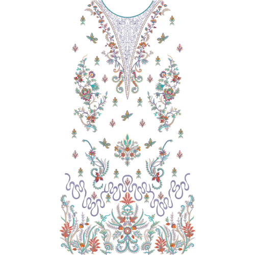 Elegant Floral Embroidered Style Front Panel Design in Pastel Multicolor on Light Background for Textile Prints