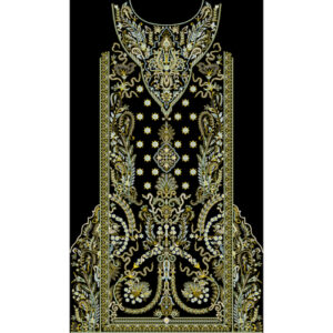 Luxury Gold Ornamental Embroidered Front Panel Design on Black Background for Textile Prints