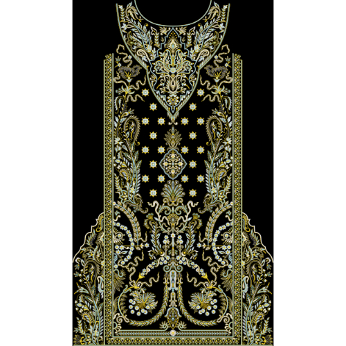 Luxury Gold Ornamental Embroidered Front Panel Design on Black Background for Textile Prints