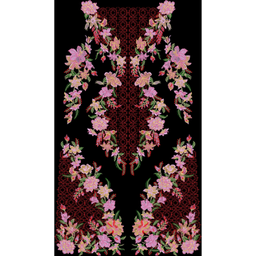 Luxury Floral Ornamental Front Panel Design in Pink and Red on Black Background for Textile Prints