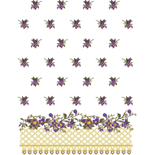 Delicate Floral Sprig Pattern with Decorative Border in Purple and Gold on Light Background for Textile Prints