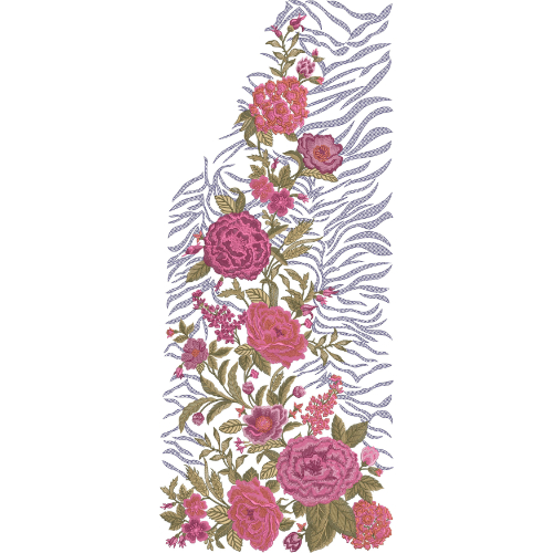 Elegant Floral Embroidered Side Panel Design in Pink and Lavender on Light Background for Textile Prints
