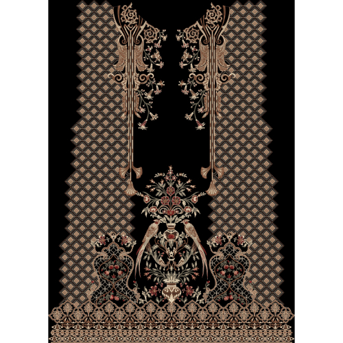 Luxury Ornamental Embroidered Front Panel Design in Gold and Beige on Black Background for Textile Prints