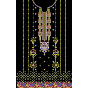 Luxury Embroidered Neckline Front Panel Design with Ornamental Motifs on Black Background for Textile Prints