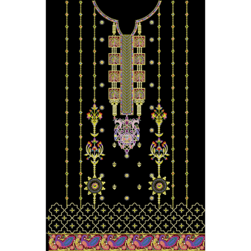 Luxury Embroidered Neckline Front Panel Design with Ornamental Motifs on Black Background for Textile Prints