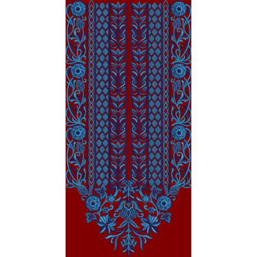 Luxury Ornamental Floral Front Panel Design in Blue on Deep Red Background for Textile Prints