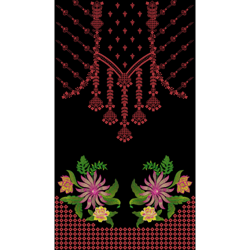 Elegant Ornamental Neckline and Floral Hem Front Panel Design on Black Background for Textile Prints