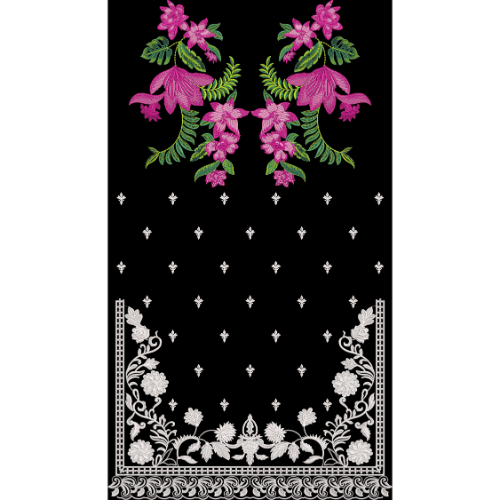 Elegant Floral Embroidered Front Panel Design with Ornamental Border on Black Background for Textile Prints