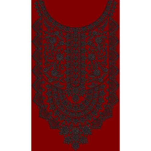Luxury Ornamental Neckline Front Panel Design in Black on Deep Red Background for Textile Prints