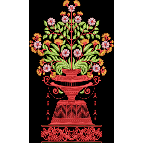 Royalty Free Floral Pot Embroidery Design with Vibrant Multicolor Thread Work