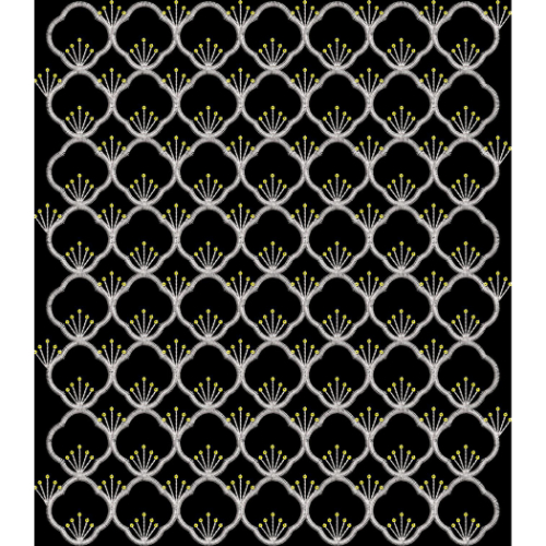 Elegant White Floral Lattice Pattern Design with Yellow Accents on Black Background for Textile Prints