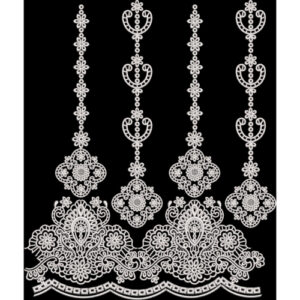 Elegant White Ornamental Lace Style Border Design on Black Background for Textile Prints